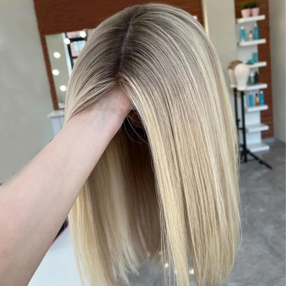 MYMYDA Short Highlight Lace Front Bob Wigs for Black Women Human Hair Pre Plucked 4x4 Lace Closure Wig Ombre 613 Blonde Mixed Light Brown Dark Roots Colored Wig 16 Inch