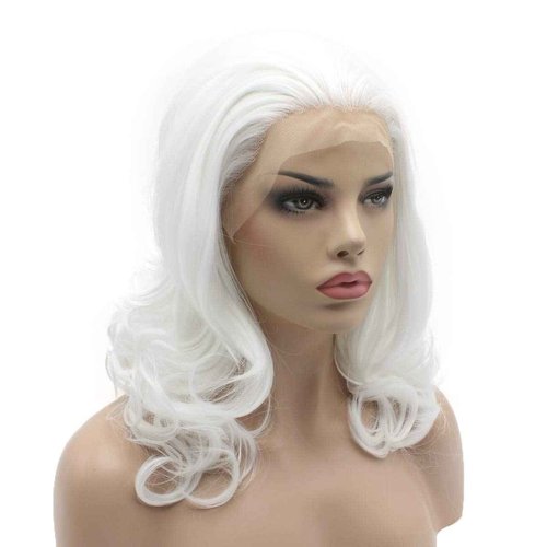 Lushy Medium Length White Wig Heat Friendly Heavy Density Realistic Synthetic Lace Front Wig