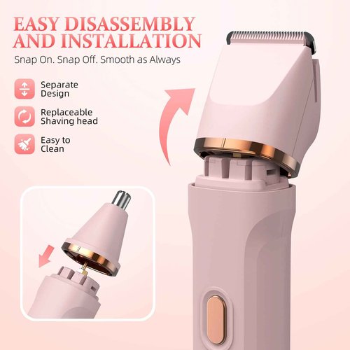 HOHOLE 5-in-1 Bikini Trimmer for Women, IPX7 Waterproof Electric Razors Shaver, Cordless Body Hair Trimmer, Facial & Pubic Hair Removal, Ceramic Blade (Blush)