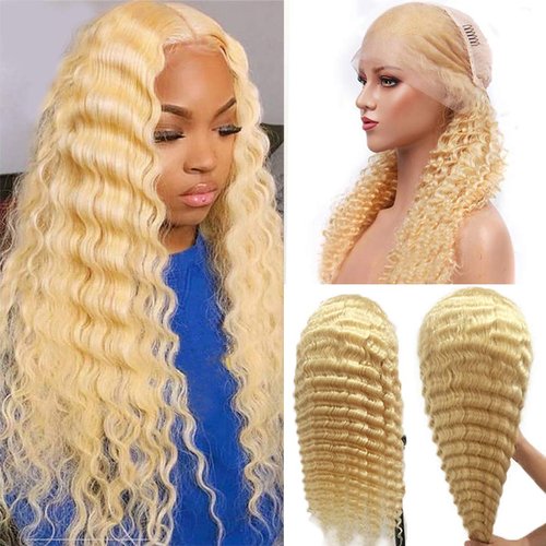 Blonde Virgin Human Hair Wigs Water Wave 18Inch 150% 13x6 Lace Frontal Wigs Deep Parting with Baby Hair Pre Plucked Natural Hairline Wet and Wavy Hair Wig Deep Wave 613 Lace Wigs(Can Be Dyed)