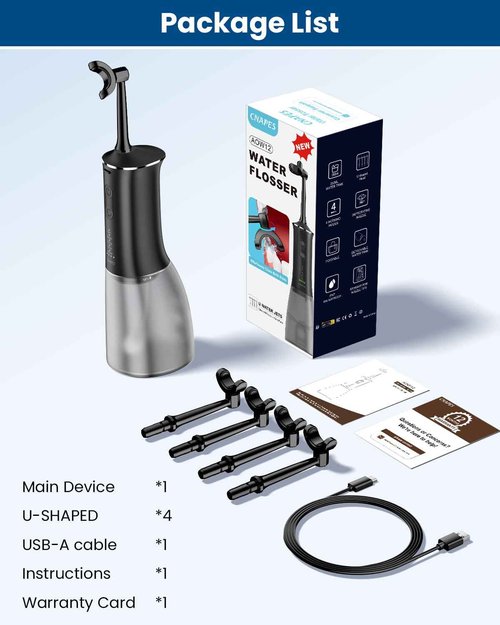 CNAPES Cordless Water Dental Flosser with 4 U-Shaped Jet，Black