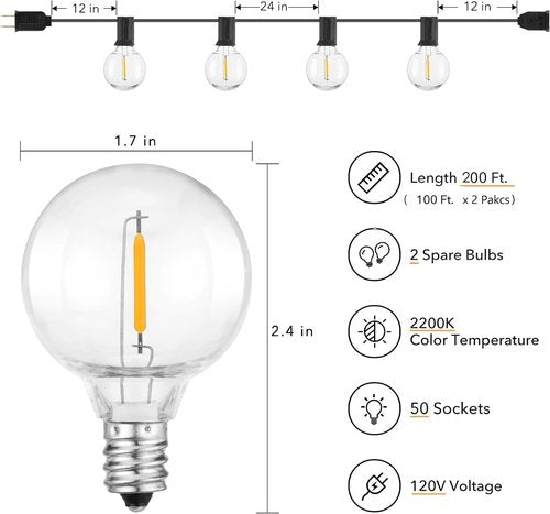 Brightown Outdoor String Lights, 200 FT(100FT*2) Globe Patio Lights with 100 G40 Shatterproof Bulbs, Waterproof Connectable Commercial Hanging Light for Backyard Bistro Porch Cafe