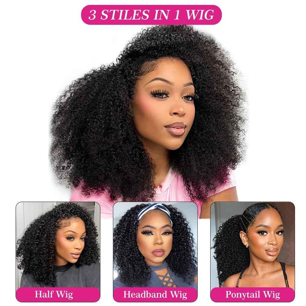 Larhali Kinky Curly Half Wig Human Hair 180% Density Wear And Go Glueless Wigs Human Hair 20 Inch Curly 3 In 1 Half Wigs for Women Drawstring Seamless Flip Headband Wig Beginner Friendly