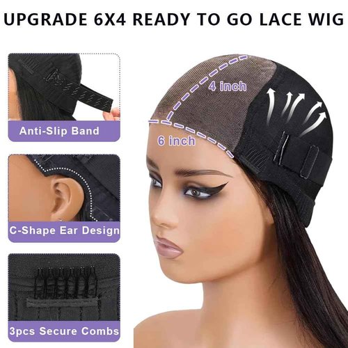 ALI PANDA [2-YEAR Life, 205g, 210% Density 6x4 Wear and Go Wig,100% Human Hair, Skinlike HD Glueless Closure Wigs Human Hair Pre Plucked Pre Cut, (0.1mm Ultra-Thin HD Lace), Middle Part 24 Inch