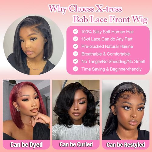 X-TRESS Bob Wig Human Hair Glueless Wig Wear and Go 13x4 HD Lace Front Wigs Human Hair Natural Black Pre-plucked Tiny Knots 14 Inch Short Straight Bob Wigs for Black Women 100% Brazilian Human Hair