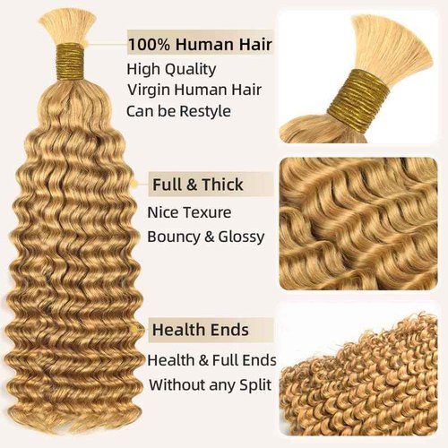 Honey Blonde Boho Braids Human Hair Bulk Hair For Braiding #27 Deep Wave 100% Human Hair 100g No Weft Hair Extensions 20 Inch