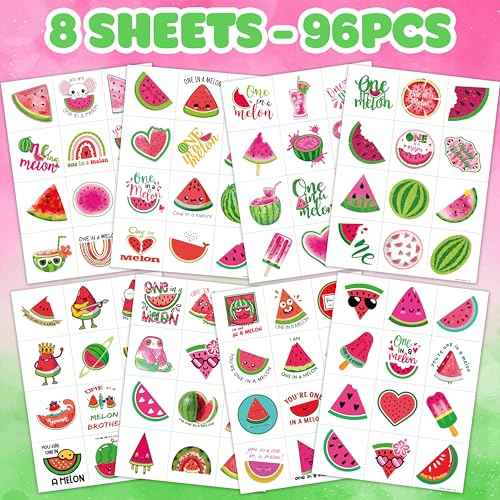 Melon Pre-Cut Temporary Tattoos 8 Sheets 96PCS Watermelon One First Party Decorations Supplies Favors First Summer Theme Birthday Stickers Christmas Gifts for Boys Girls Class School Prizes Carnival
