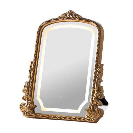 HSDDHOME Vintage Vanity Mirror with Three-Color Lighting, Antique Gold Carved Arch Table Mirror, 16x20 Makeup Mirror for Dressing Room, Bedroom & Boho Decor