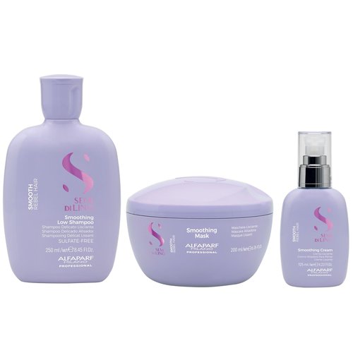 Alfaparf Milano Semi di Lino Smooth Gift Set for Frizzy Hair - Sulfate Free Shampoo, Mask and Smoothing Cream - Controls Frizz - Humidity Protection - Adds Shine and Softness