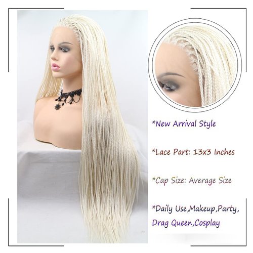 Angle Lucky Platinum Blonde Braided Lace Front Wig Long Synthetic White Micro Braid Lace Wig Heat Resistant Fiber Afro Braids for Women Party Drag Queen