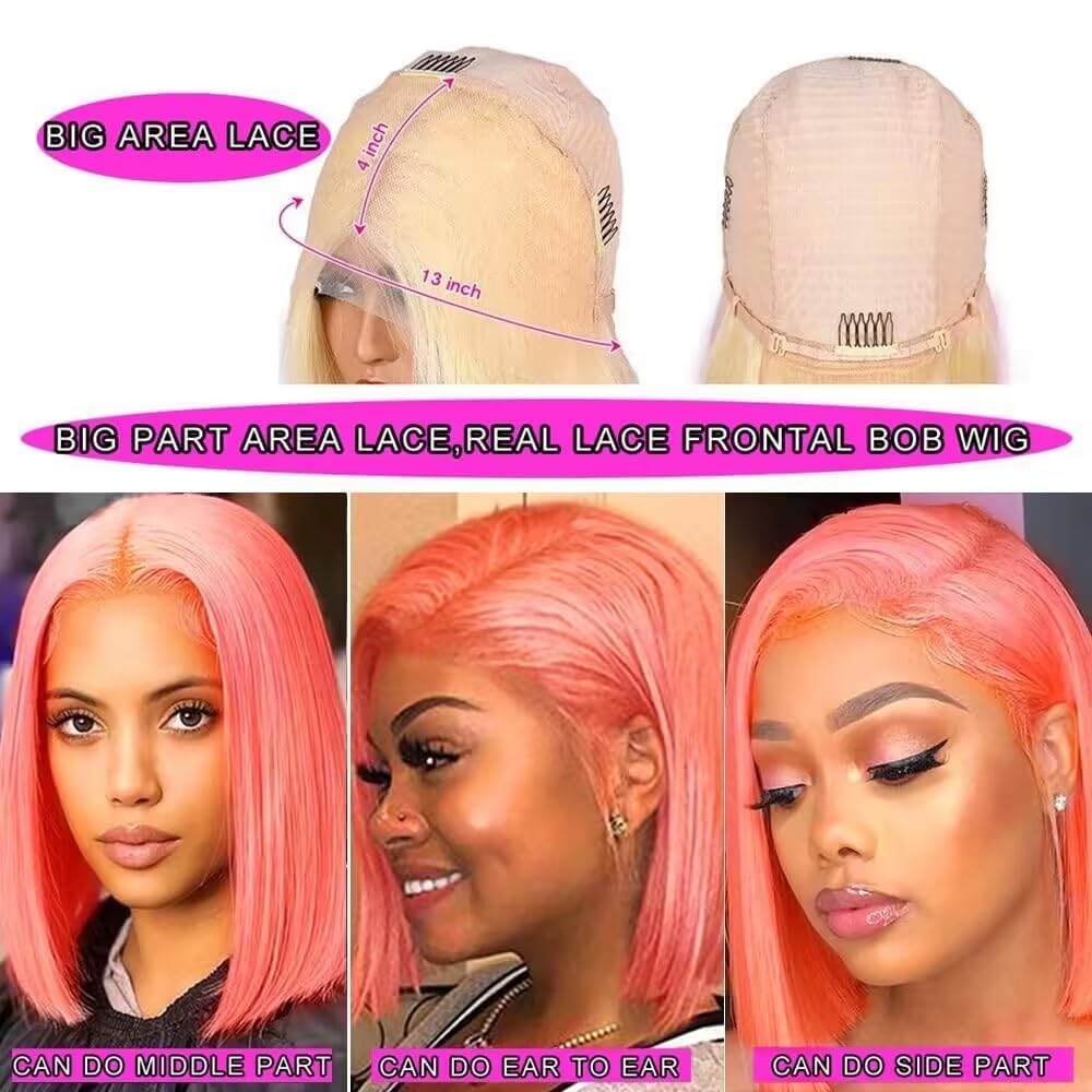 13X4 Straight HD Transparent Pink Bob Lace Front Wigs Human Hair Blunt Cut Bob Wig for Black Women Wear and Go Glueless Pink Bob Wig Human Hair Pre Cut Bob Lace Frontal Wig With Baby Hair 16 Inch