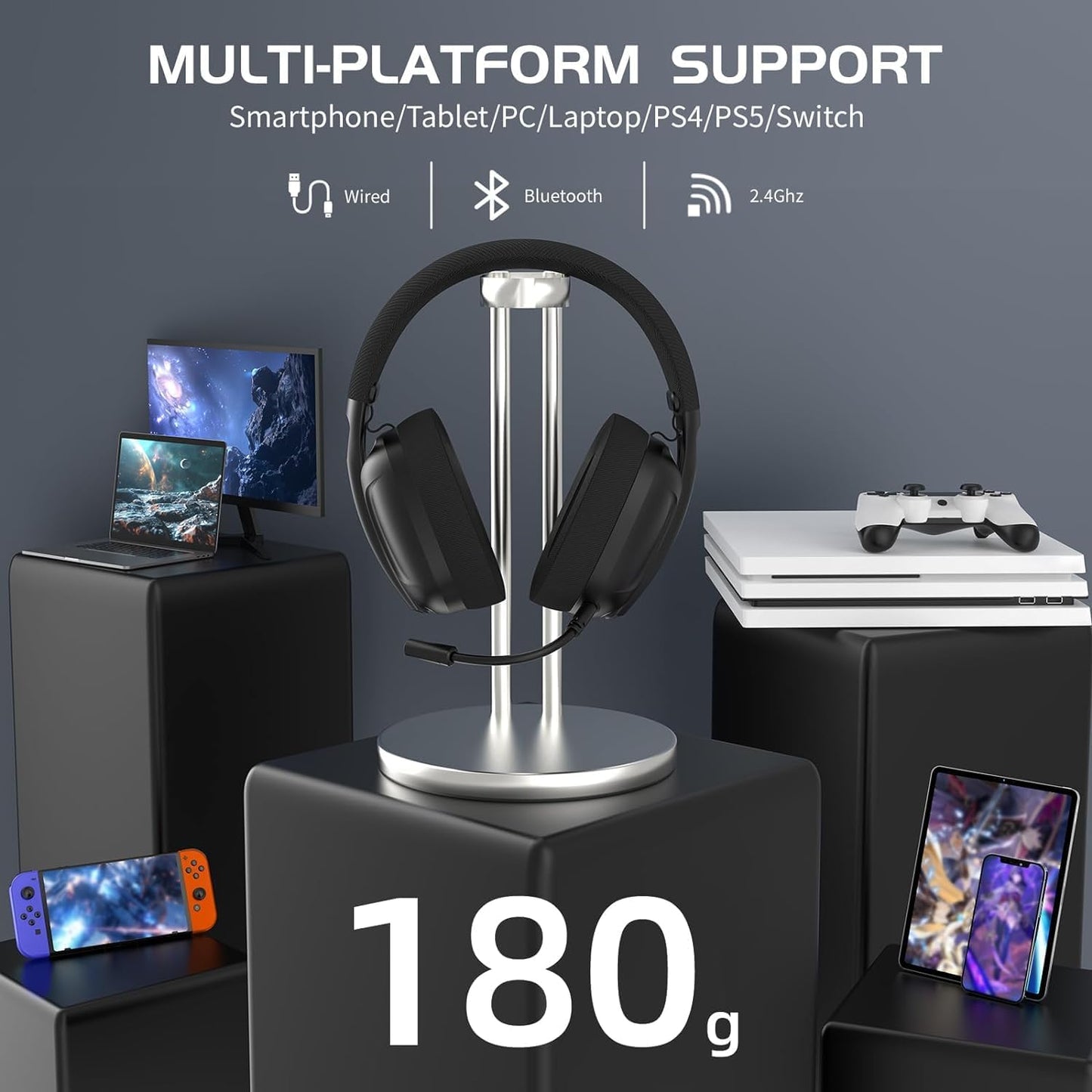 ZIYOU LANG L80 Wireless Gaming Headset Ultralight Over Ear with 2.4Ghz USB C&A Dongle/Bluetooth 5.3/3.5mm Wired Detachable Mic Stereo Sound 600mAh Battery for PC Mac PS4 PS5 Switch Win Gamer(White)