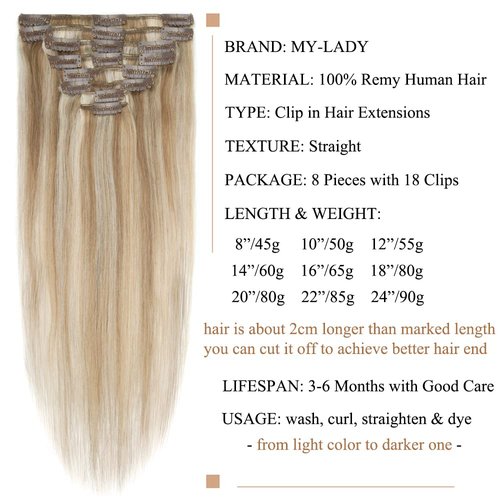 MY-LADY Clip in Hair Extensions Real Human Hair Golden Brown & Bleach Blonde 22 Inch 85g Remy Hair 8pcs Weft Balayage Full Head Silky Natural Straight for Women