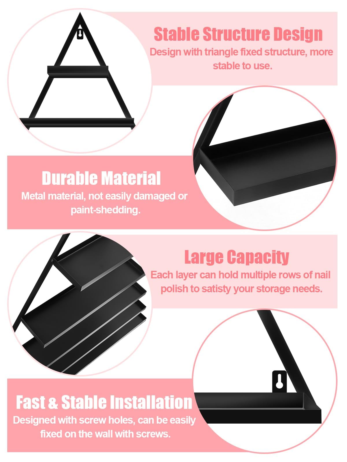 10PCS Metal Wall-mounted Nail Polish Storage Racks, Lorvain 5 Tiers Black Triangular Display Rack Cosmetic Display Case Lipstick Perfume Wall Shelf Essential Oil Organizer for Home Spa Nail Salon Shop