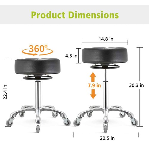 Rolling Stool with Wheels 400lbs Weight Capacity,Heavy Duty Lash Chair Adjustable for Tatoo Lab Massage Salon Spa Drafting Nail Teach,360 Swivel,Leather,Thick Seat Padding (Black)