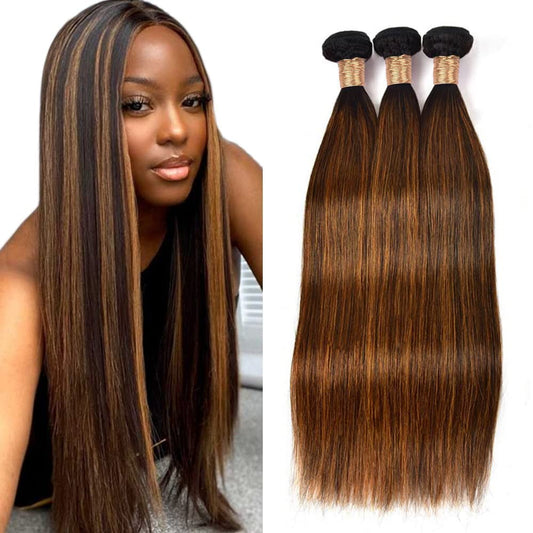 Giginger Straight Human Hair Bundles 16 18 20 Inch Brazilian Chocolate Brown Highlight P4/30 Straight Bundles Human Hair 100% Unprocessed Raw Quick Weave Hair for Black Women
