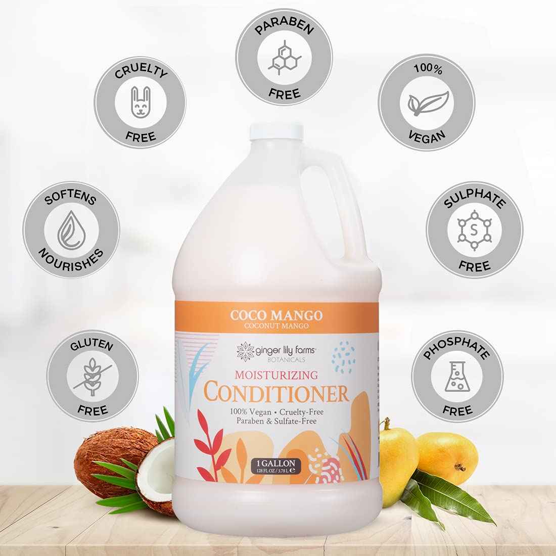 Ginger Lily Farms Botanicals Moisturizing Conditioner for Dry Hair, Coco Mango, 100% Vegan & Cruelty-Free, Coconut Mango Scent, 1 Gallon Refill (Pack of 4)