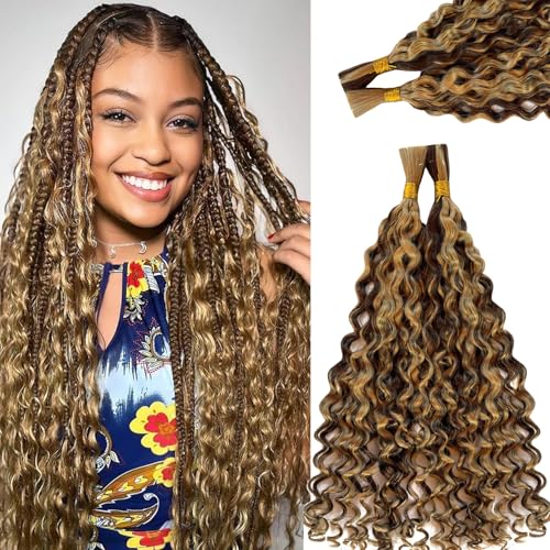 Human Braiding Hair Deep Water Wave Bulk Human Hair 4/27 Wet and Wavy Human Hair Bundles for Braiding No Weft 12A Brazilian Virgin Human Braiding Hair for Boho Braids 2 Bundles/Pack 30 Inch 100G