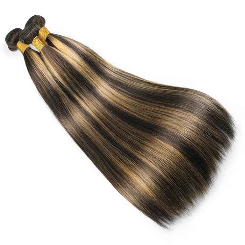 Dokksiiia Highlight Straight Human Hair Bundles P1B27#1B & #27 Piano Color Mix Double Weft Brazilian Virgin Human Hair Sew-In Weave Extensions 14 16 18 Inch Soft & Thick