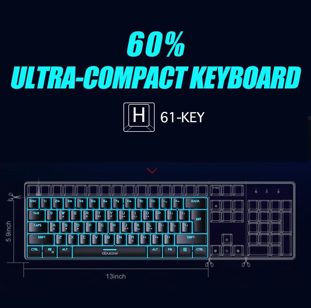 abucow Gaming Keyboard Minimalist Portable Wired Ultra-Compact Mini Imitation 61 Keys RGB Backlit Keyboard (Black-White)