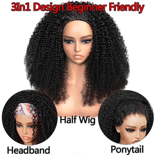 Curly Half Wig 200% Density Kinky Curly Half Wig 3 In 1 Seamless Flip Over Glueless Wigs with Drawstring Beginner Friendly Curly Wig Headband Wig for Women Daily Wear