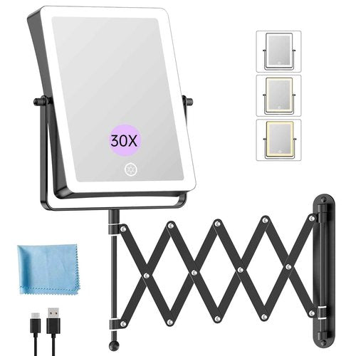 FASCINATE Rechargeable Wall Mounted Makeup Mirror with Lights, 8.7 Inch Double Sided Touch Switch 1X 30X Magnifying Bathroom Mirror, 3 Color Lights Touch Dimmable Extended Arm 360°Rotation (Black)