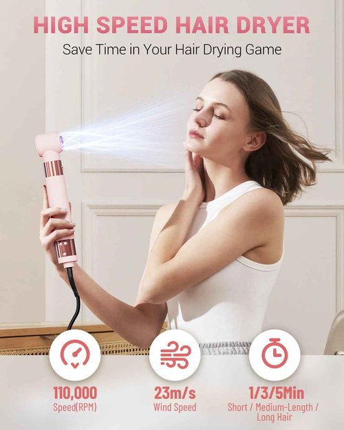 IBAYS Hair Dryer Brush 6 in 1 Professional Hot Air Styler, 110,000 RPM High-Speed Negative Ionic Hair Dryer, Auto Wrap Curler Frizz-Free Airwrap for Curling Volumizing Straightening Styling Pink