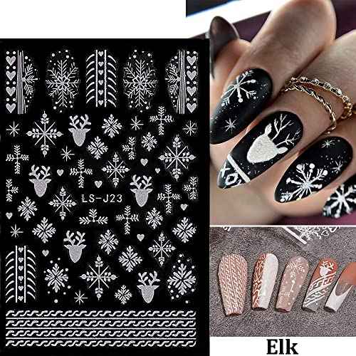Christmas Nail Art Stickers Decals 3D Christmas White Snowflake Self-Adhesive Nail Art Supplies Snowflake Elk Heart Design Acrylic Nail Stickers for Women DIY Manicure Tattoos Decoration 6 Sheets