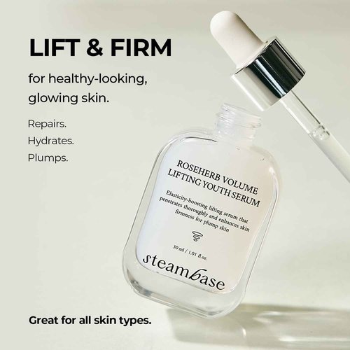STEAMBASE Roseherb Volume Lifting Youth Serum, 1.01 fl oz - Hydrating Peptides & Rose Herb Serum for Face, Plump, Glowy Skin | Korean Skin Care, Travel Size