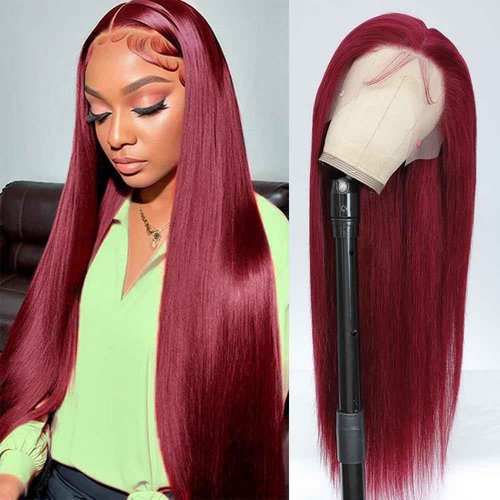PiPiHA 99j Burgundy Lace Front Wigs Human Hair Straight Lace Front Wigs Human Hair Pre Plucked 13x4 HD Glueless Red Human Hair Wigs For Women 180% Density (22 Inch, 99j)
