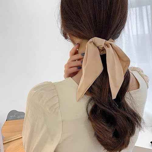 Silky Satin Hair Scarf Scrunchies with Ribbon Tails - Elastic Ponytail Holders for Women and Girls in Black, White, Beige for Thick and Thin Hair, 3PCS