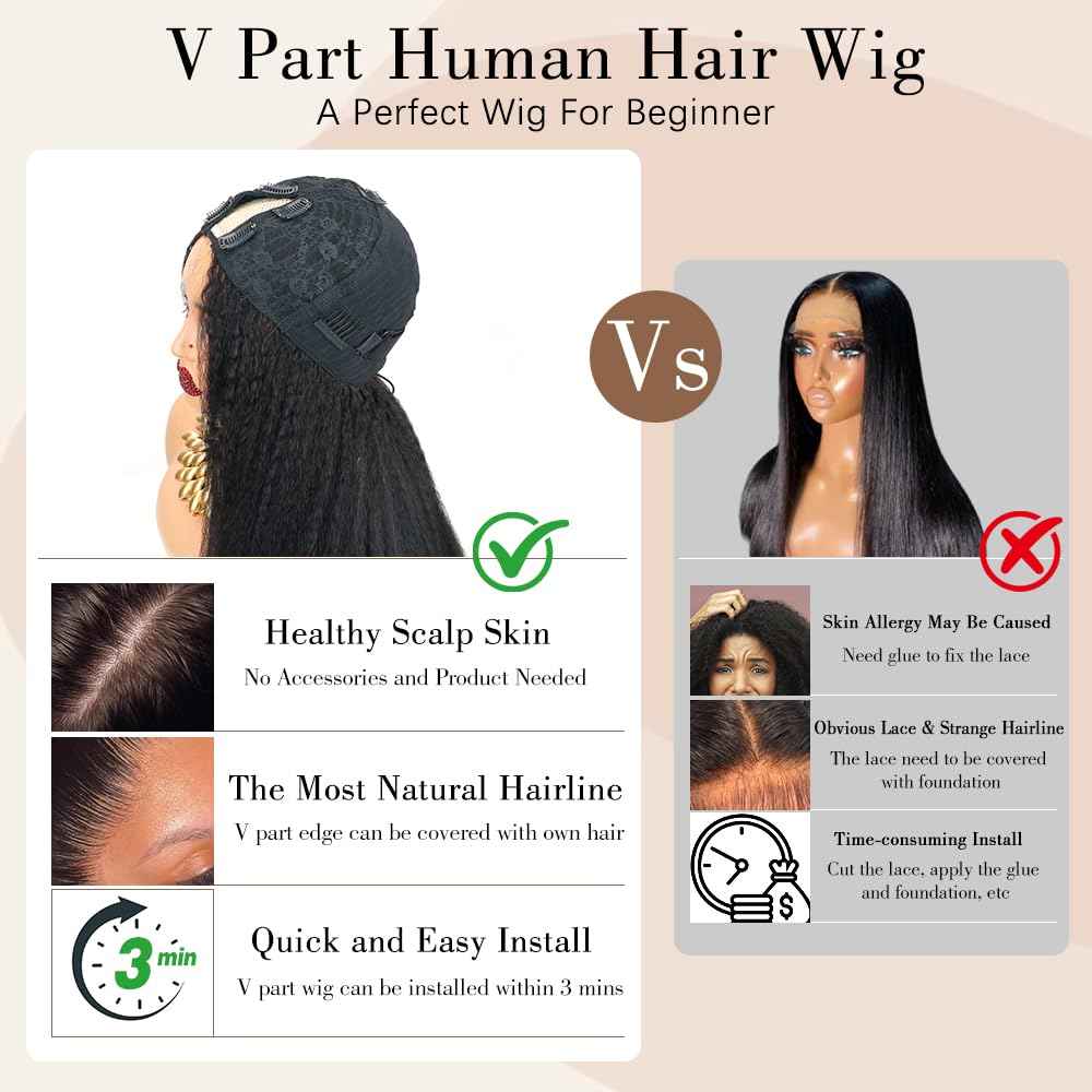 Goulus Kinky Straight V Part Wig Human Hair 18 Inch V Part Wig For Women with Drawstring 180% Density Upgrade Glueless U Part Wig No Leave Out No Sew In Kinky Straight Human Hair Wigs Natural Black