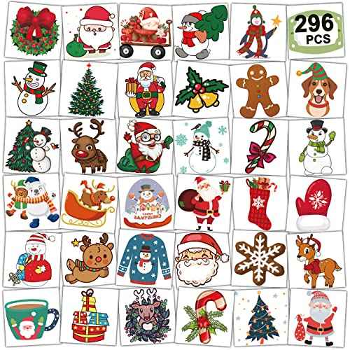 Christmas Temporary Tattoos for Kids - 296 PCS Christmas Individual Tattoos for Kids Christmas Xmas Party Favors, Stocking Stuffer, Christmas Eve Gift