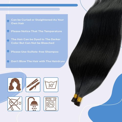 24Inch Long Straight Jet Black I Tip Hair Extensions Human Hair Pre Bonded I Tips Hair Extensions for Women Silky Straight Jet Black Real Human Hair I Tip Extensions Cold Fusion 50g Thick Ends