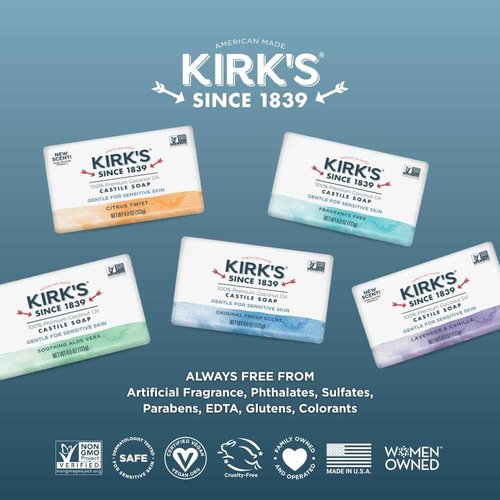 Kirk's Castile Bar Soap for Men, Women & Children - Made with Premium Coconut Oil, Sensitive Skin Formula, Vegan, Non GMO, Original Fresh Scent, 4 oz. Bars, 48 Pack