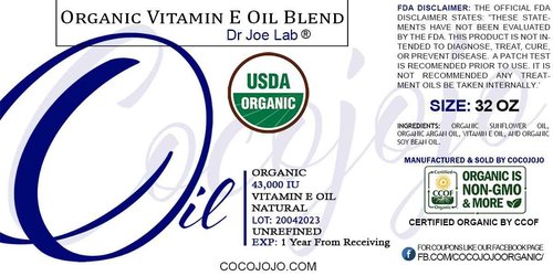 Dr Joe Lab Organic Vitamin E Oil for Skin, Vitamin E Oil for Hair, Face, Liquid Body Oil, Pure Natural Cold Pressed Unrefined, Moisturizes & Nourishes, Non-GMO - 32 Oz