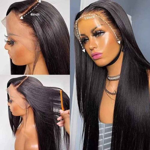 Miss Flower 250 Density 227g Large Lace Space 13x4 Ultra-thin Invisible SKINLIKE HD Full Frontal Wigs Human Hair Pre Plucked 20Inch Straight Lace Front Wigs Human Hair Wigs For Black Women