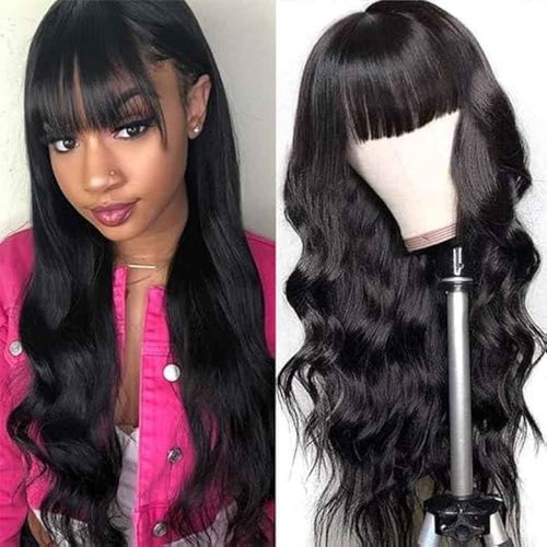 ROSELINE Body Wave Wigs with Bangs Human Hair Wigs for Black Women None Lace Front Wigs 150% Density Brazilian Virgin Hair Glueless Wig Natural Color 26inch
