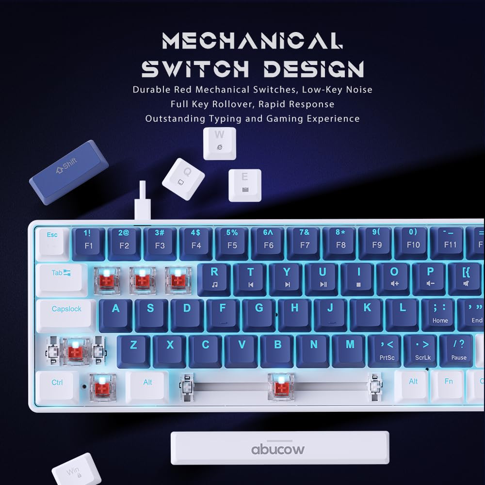 abucow 60% Mechanical Keyboard with Blue Backlight 68-Key Gaming Keyboard Dark Blue-White Keycaps - Red Switches for a Premium Typing and Gaming Experience PC Mac (Dark Blue-White)