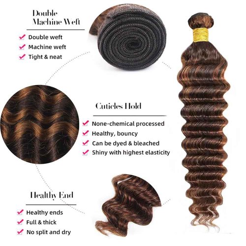 ZevPiul P430 Highlight Brown Bundles Human Hair Deep Wave 3 Bundles 24 26 28 Inch Unprocessed Brazilian Virgin Remy Dark Brown Deep Wave Bundle Human Hair Extensions