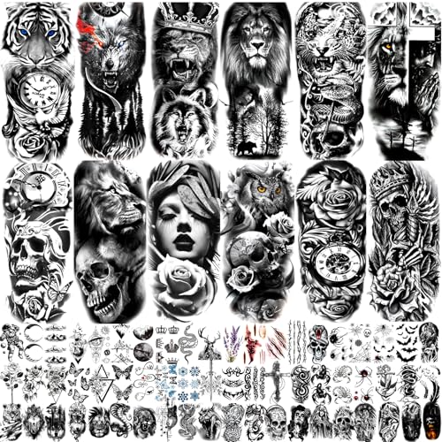 82 Sheets Temporary Tattoo for Men Women Adults, Include 12 Sheets Black 3D Half Sleeve Temporary Tattoos, Halloween Tattoos Scary Lion Wolf Tiger Skull Skeleton Tattoos Stickers
