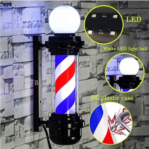 MIUXIU 35-inch Barber Pole Red White Blue Stripes with LED Light,Traditional Barber Pole Outside Barber Shop Rotating Light Sign Light Box Rainproof Hairdressing Salon Save Energy Wall Lamp