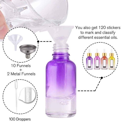 PrettyCare Glass Eye Dropper Bottles 99 Pack, 1oz (30ml) Rainbow Empty Thick Bottles Bulk with Leakproof Golden Caps - With Labels & Funnels for Storage, Travel, Essential Oils, Cuticle, Tinctures