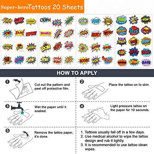 Anprola Super-hero Temporary Tattoos Stickers for Kids 20 Sheet Boom Letter Sign Cutout Party Favors Decoration Supplies for Girls Boys Gifts Classroom School Prizes Rewards Goodie Bag Fillers