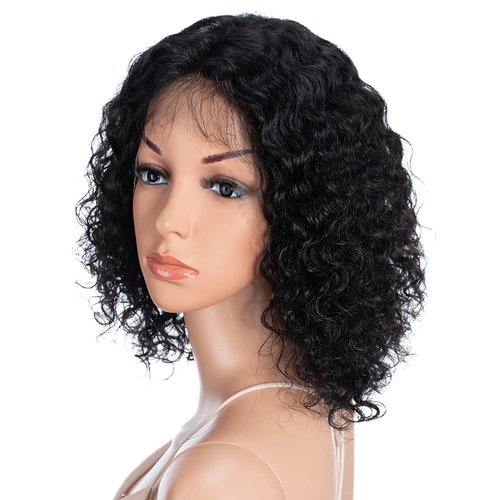 Style Icon Human Hair Wigs Short Curly Wigs Fluffy Afro Wigs T-Part Deep Wave Pre Plucked HD Lace Front Black Wigs (12", 1B)