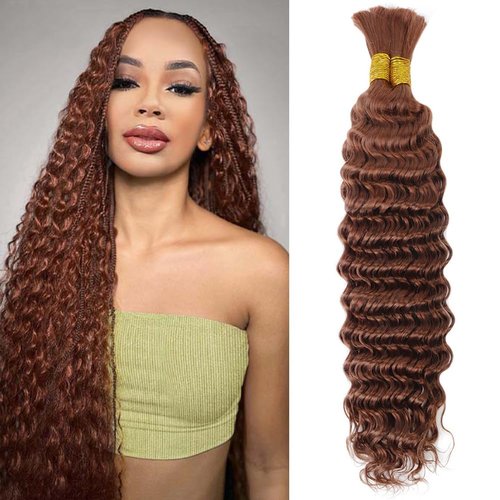 24 Inch 100g Human Braiding Hair 2 Bundles/Pack Deep Wave Bulk Human Braiding Hair for Boho Braids Wet and Wavy Brown Braiding Hair #30 Color No Weft Micro Braiding Hair Human Hair Extensions