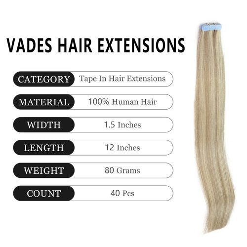VADES Invisible Tape In Hair Extensions Remy Human Hair Highlights Double Sided Tape In Hair Extensions Human Hair 12 Inch 40 Pieces 80 Grams Straight Seamless Skin Weft Extensions