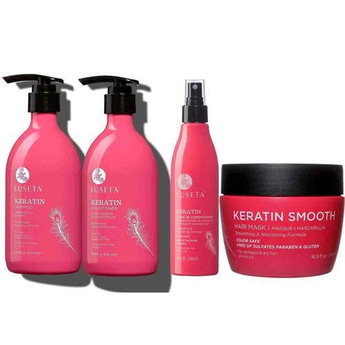 Luseta Keratin Shampoo & Conditioner set(16.9 oz), Keratin Leave in Conditioner(8.5 oz) and Keratin Hair Mask(16.9oz) Bundle