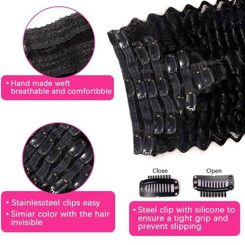 Pobokix Deep Wave Clip in Hair Extensions Real Human Hair Brazilian Virgin Human Hair Clip in Extensions for Black Women 8Pcs Remy Hair with 18Clips 120g (26inch, Natural Black)
