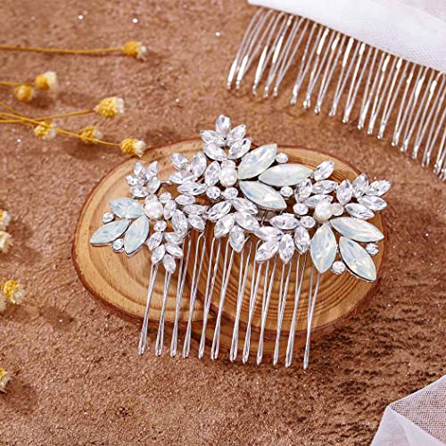 Foyte Crystal Wedding Hair Comb Leaf Bride Headpiece Silver Rhinestone Opal Hair Piece Bridal Side Hair Accessories for Women